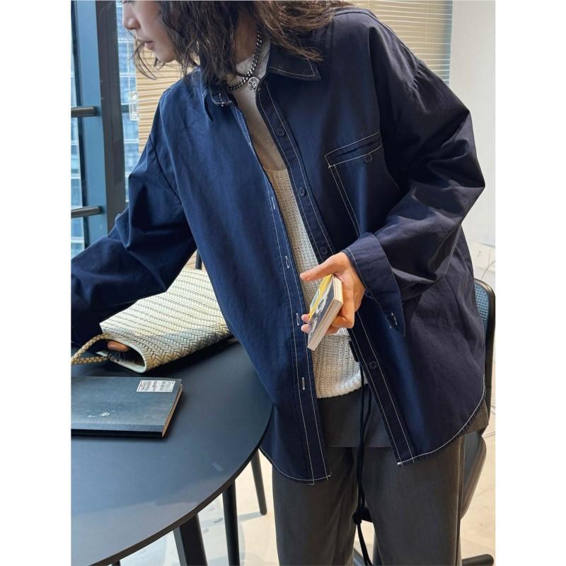 Johnature Spring Summer Korean Outlined Stitch Spliced Button Faux Denim Shirt Large Pockets Loose Tops For Women