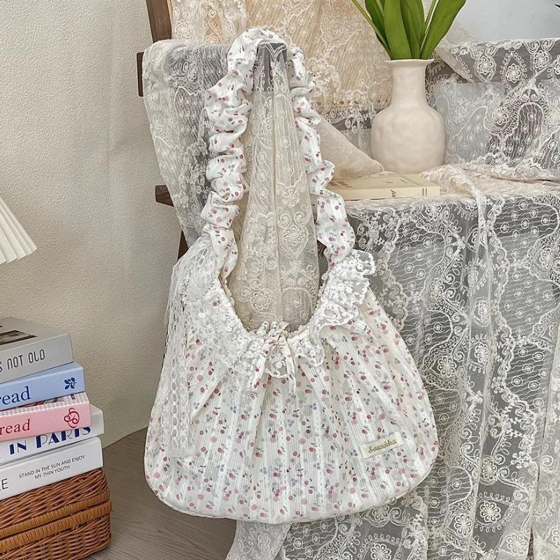 Sweet Lace Bow Female Tote Commuter Underarm Bag Rose Floral Women's Shoulder Bags Pleated Strap Girls Flower Crossbody Bag
