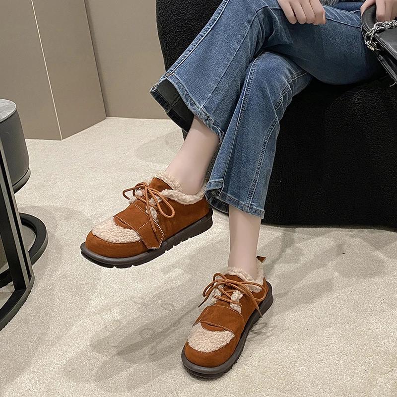 Cow Suede Basic Flats for Women 2024 Fashion Solid Casual Winter Ladies Shoes Lace-up Round Toe  Flats Zapatos Para Mujeres