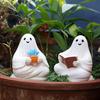 2pcs Cute Sitting Figure Cartoon Ghost Sculpture Garden Decor Reading Ghost Statue  Cabinet