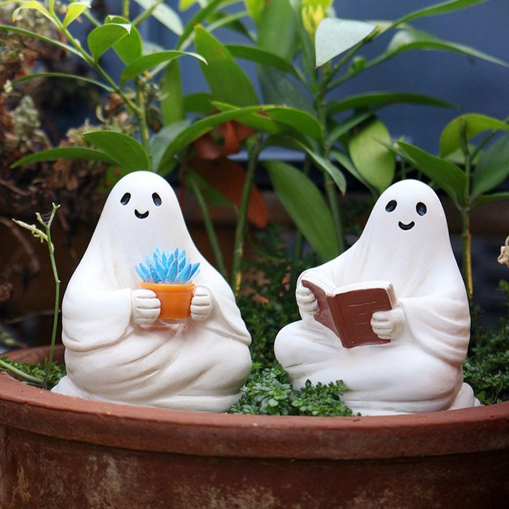 2pcs Cute Halloween Ghost Ornaments Cartoon Ghost Sculpture Reading Ghost Statue  Office
