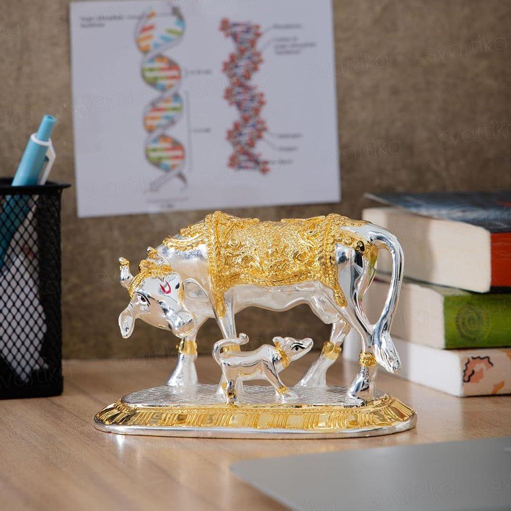 Kamdhenu Cow with Calf Idol | 24K Gold & 999 Silver Plated | Excellent Vastu Correction Remedy for Financial Problems | Wedding & Housewarming Gift