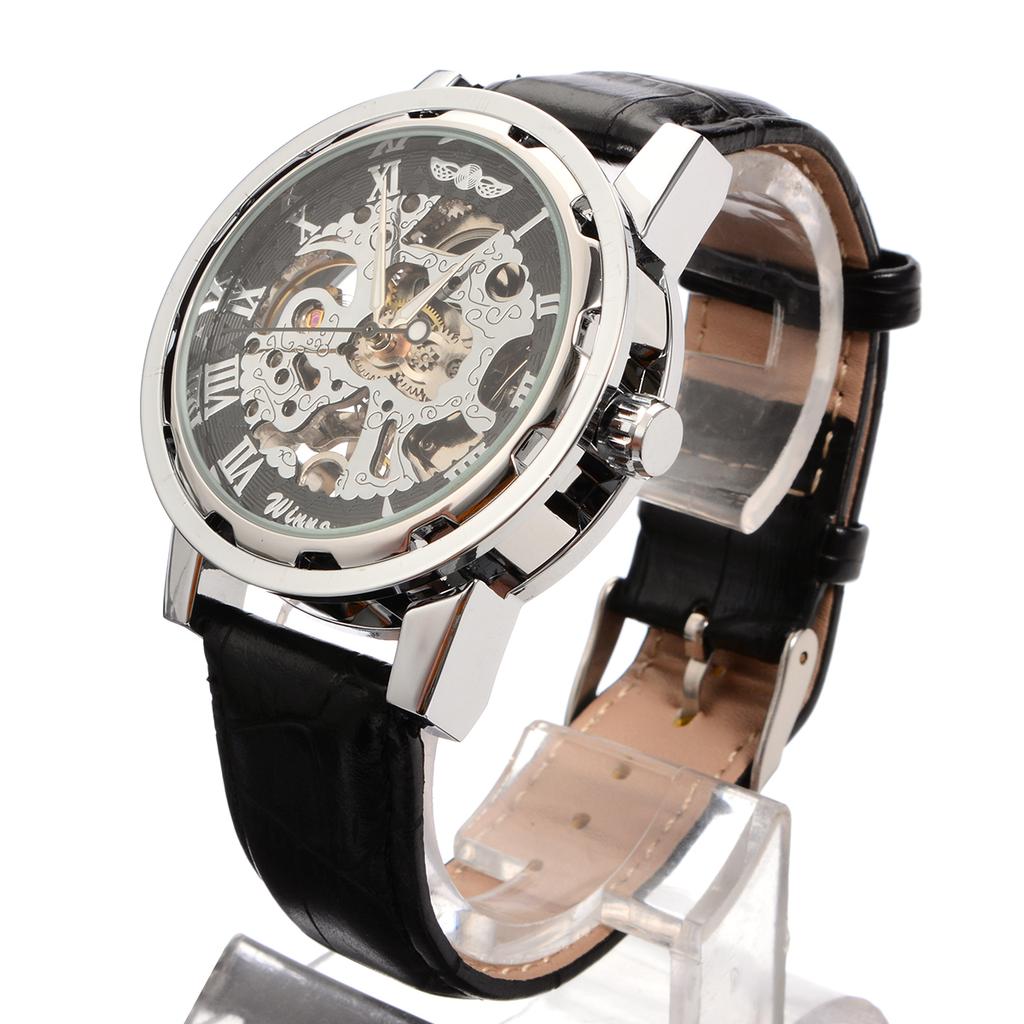 Men's Luxury Black Leather Skeleton Sport Automatic Mechanical Wrist