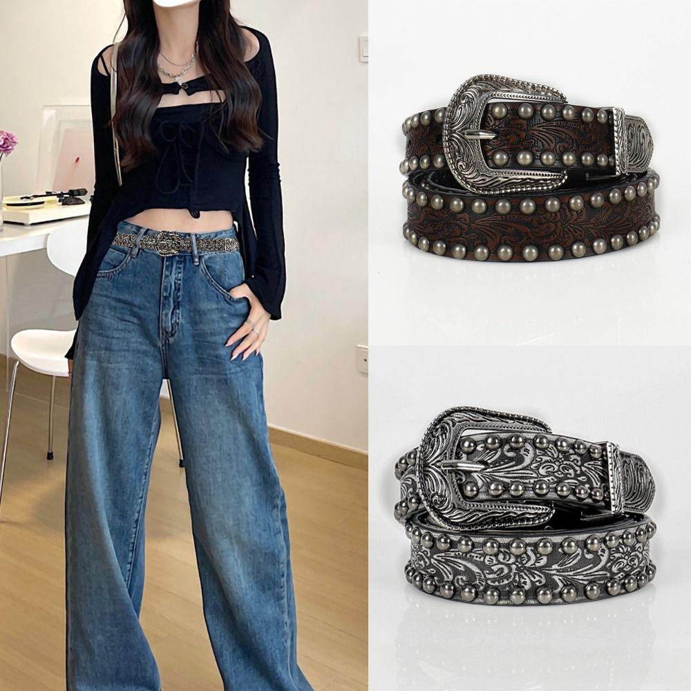 Y2K Round Rivet Belt Chic Alloy Buckle Waistband Women Man Jeans Belts