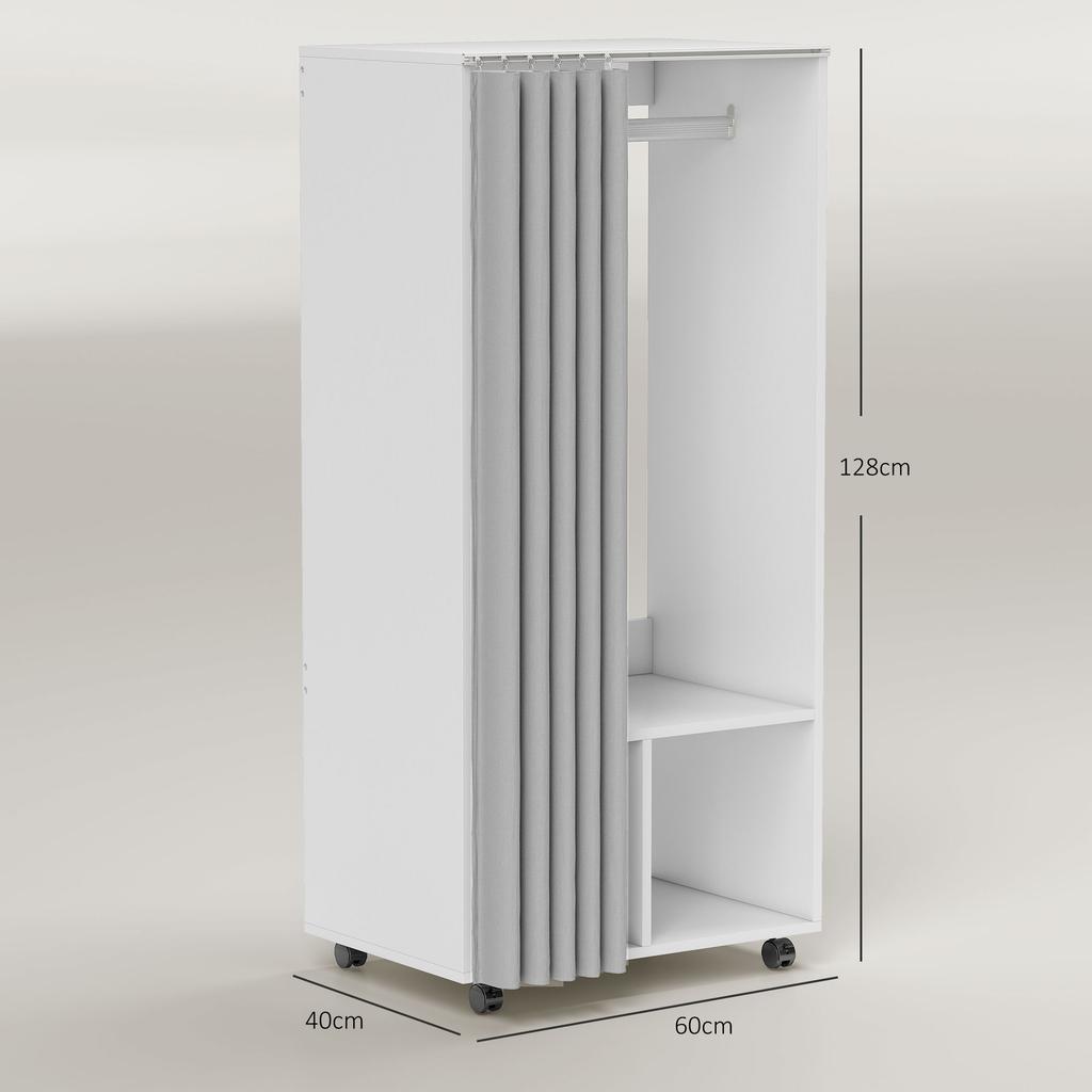 Wardrobe, Mobile Storage Cabinet, Curtain, Hanging Rail, 60 X 40 X 128 Cm, White