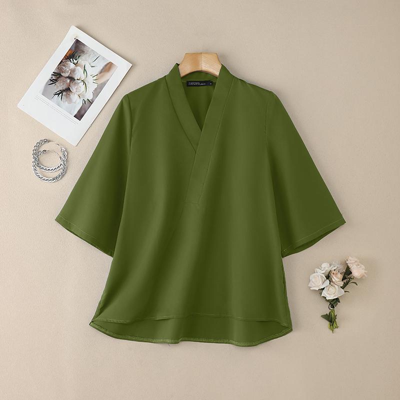 

ZANZEA Женская блузка с V-образным вырезом, свободного кроя, с рукавом до локтя зелёный