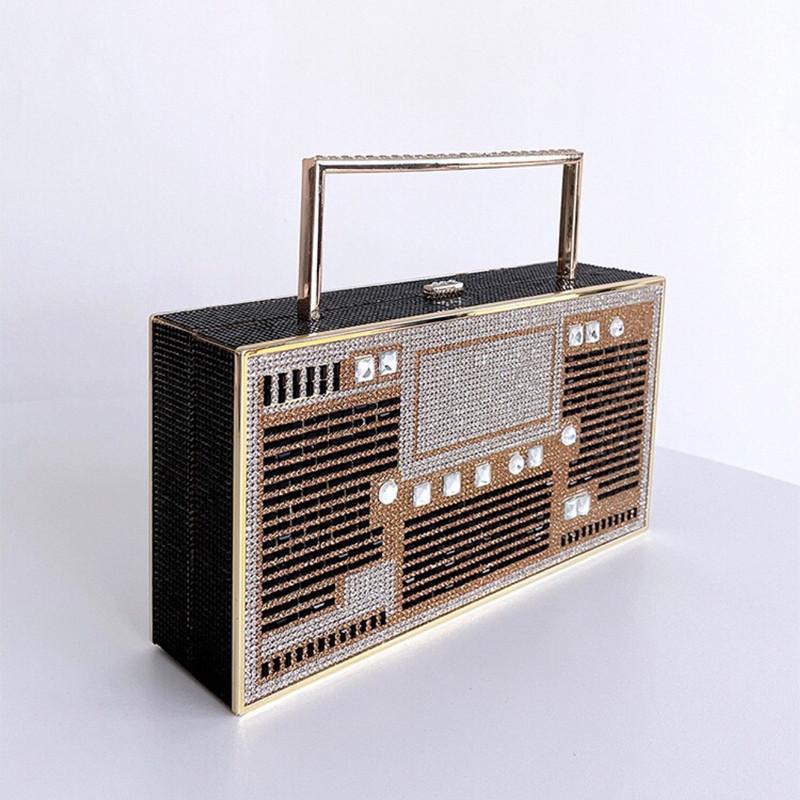 2024 Luxury Designer Full Diamond Evening Clutch Bag Ladies 3D Rhinestone Radio Handbag Fashion Party Shiny Crystal Shoulder Bag