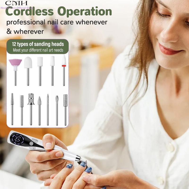 Electric Nail File Drill Cordless Rechargeable 12 Sanding Heads Long Battery Manicure Pedicure Tool Gel Acrylic Nails Callus