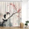 Black And White Shower Curtain With Kitten And Cherry Blossom Pattern, Machine Washable Polyester Fabric, Bathroom Decoration.