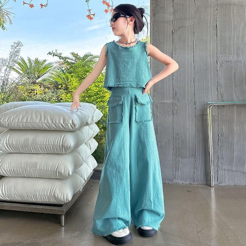 Women's Mid Size Summer Suit Fashionable Sleeveless Vest Children's Wide Leg Pants Fashionable Two-piece Set Trendy