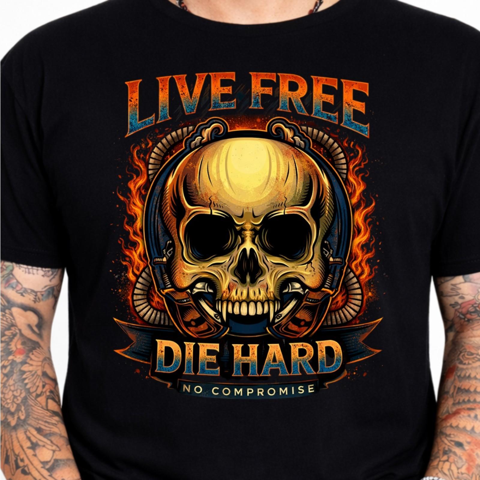 Live Free Die Hard Flaming Skull T-Shirt Fanged Gothic Biker Graphic Tee. XL
