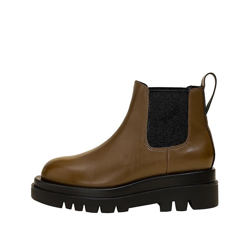 Fleece Brown Short Boots Women's Autumn and Winter New Martin Boots Thick-soled Round Head Chelsea Short Leather Boots Children