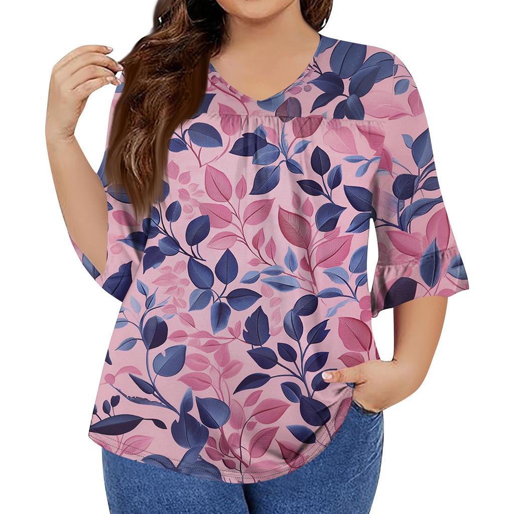 Women's Fashion Casual Retro Printed V-Neck Seven-Point Sleeve Ruffle Sleeve T-Shirt Tops Plus Size Women's