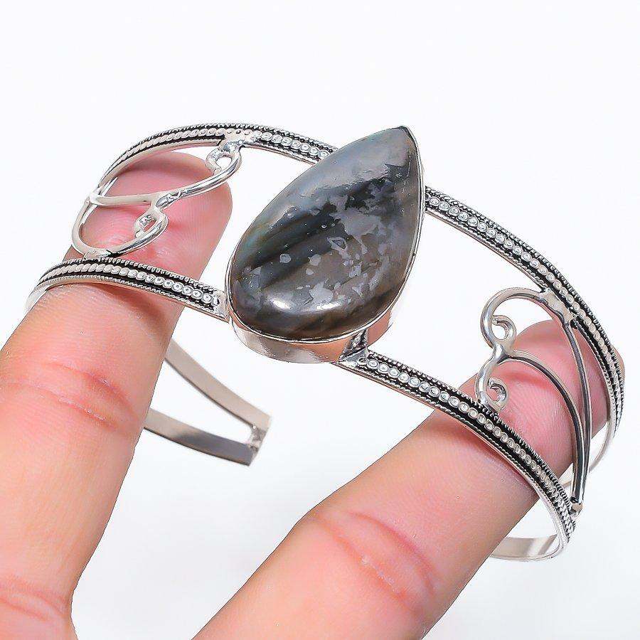 Natural Labradorite Gemstone 925 Sterling Silver Cuff Bangle Adjustable m2F60