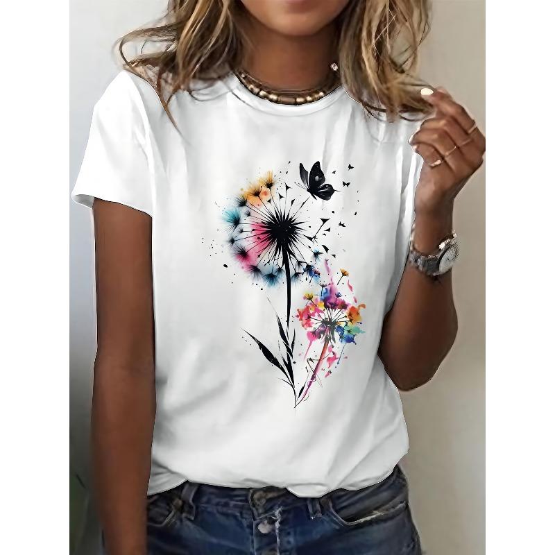 

Womens White Vibrant Dandelion Butterfly Print Tee New Creative Design Round Neck Comfortable Short Sleeve Outdoor Casual Stylish Everyday Top 4XL білий
