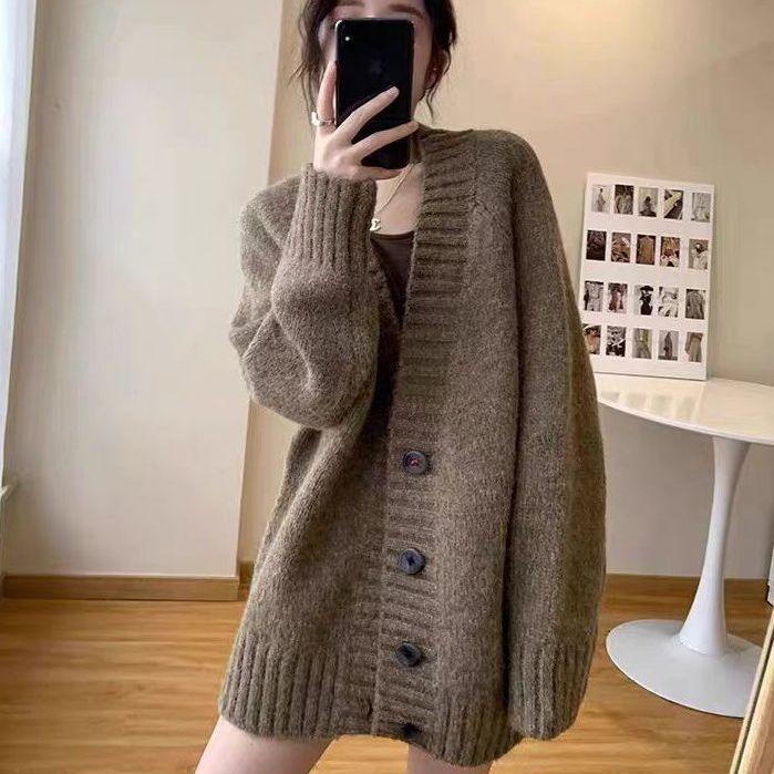 Hong Kong Flavor Lazy Wind Knitted Cardigan Autumn and Winter New Medium and Long Loose Soft Waxy Women's Sweater Jacket Women