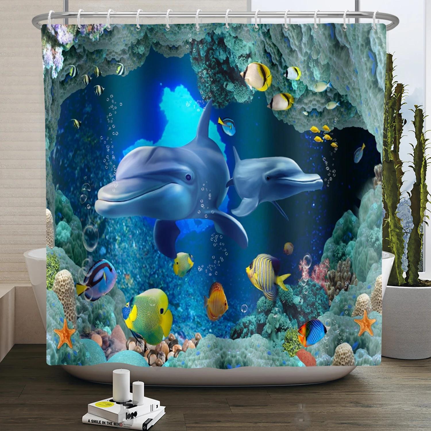 

Sea Animals Shower Curtain 3D Dolphin Turtle Octopus Jellyfish Undersea World Bathroom Decoration Kids Polyester Bathtub Curtain 90x180cm-35x70in