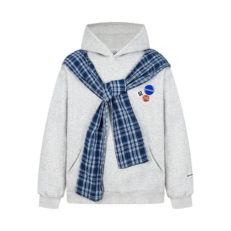 

Американская клетчатая шаль, худи из двух частей, женская, ранняя осень, новая, свободная, ленивый шик, уличный стиль, куртка для пары, хлопок, длинный рукав XL серый