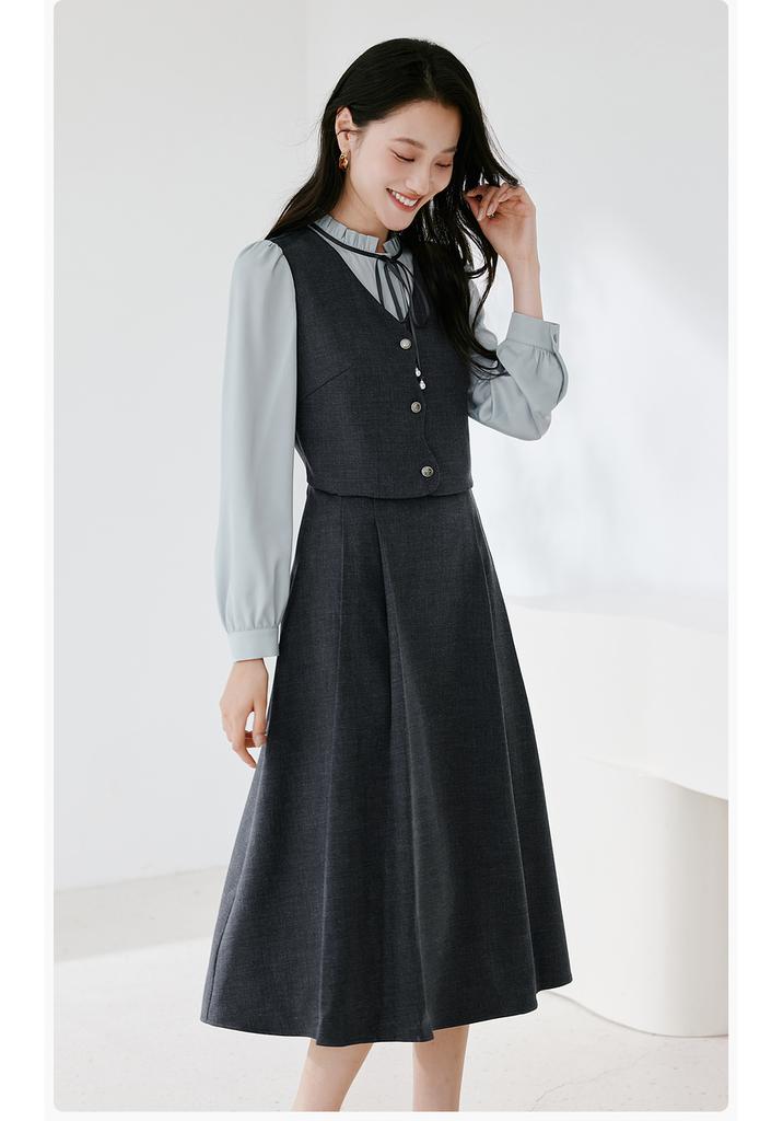 French Fake Two-piece Spliced Waist Cinching Dress