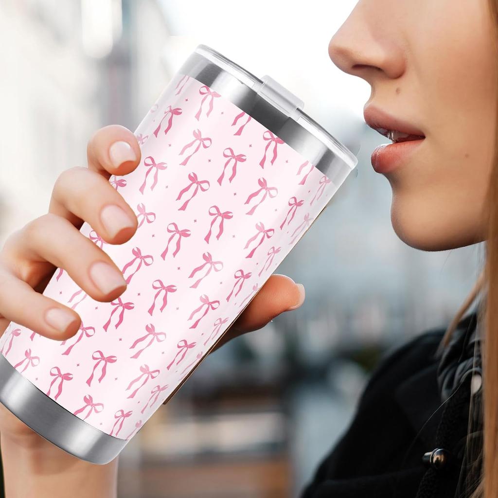 Whaline Pink Bow Tumbler Stainless Steel Travel Tumbler with Lid Straw Brush Coquette Bowknot Coffee Mug Cup for Women Friend Holiday Birthday Party