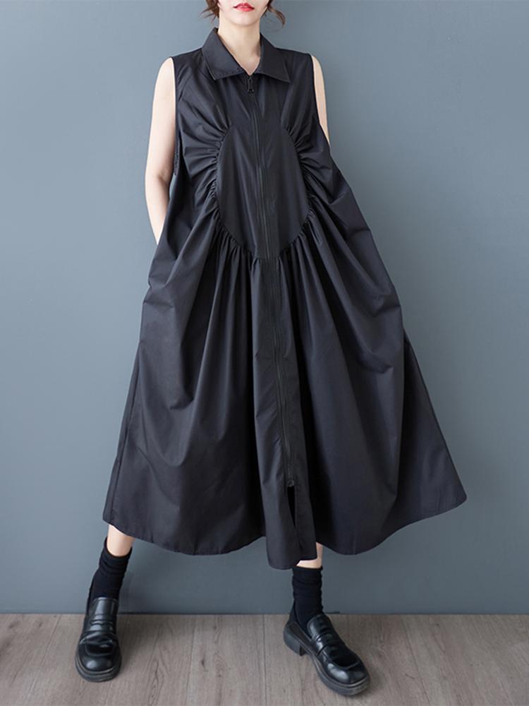 XITAO Zipper Pleated Lapel Dress GYX1549