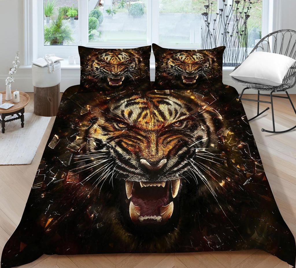 3D Tiger Pattern Luxury Home Bedding Set Full Size Quilt Cover and Pillowcase Ferocious Beast Print Washable Comfortable Bedroom Bedding