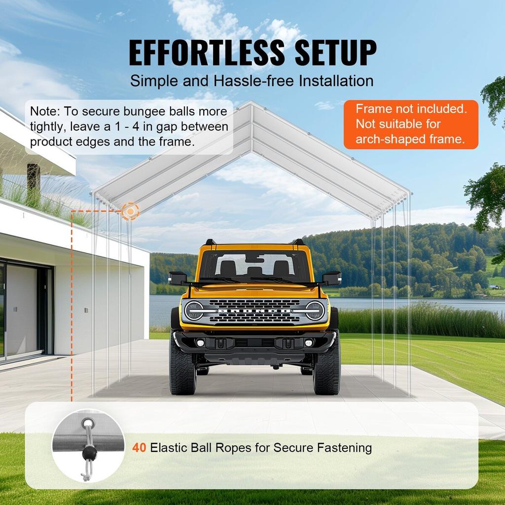10 x 20 ft Carport Replacement Canopy Cover, Garage Top Tent Shelter Tarp Heavy-Duty Waterproof & UV Protected, Easy Installation with 40 Ball