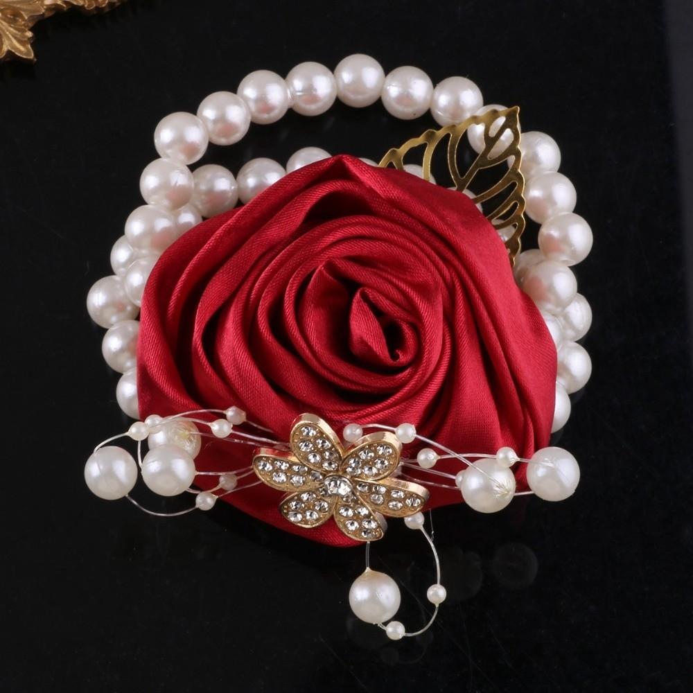 

Pearl Wrist Corsage Artificial Rose Wedding Flower Bracelet Bridesmaid Wrist Flowers Bride вина червоного кольору