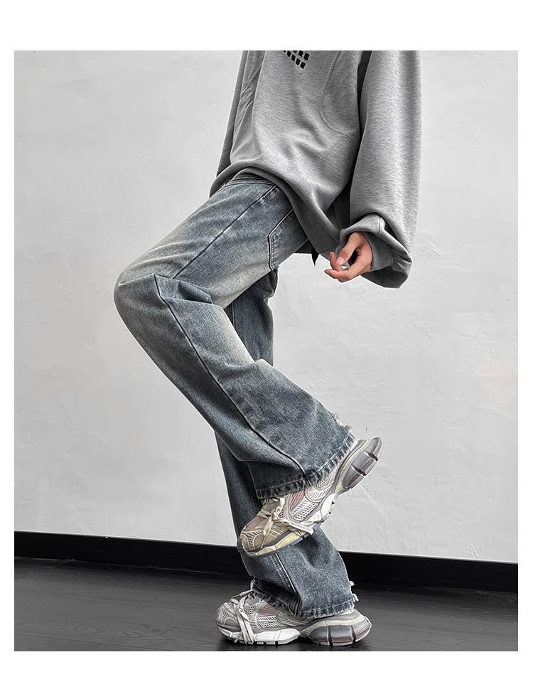 Men's Vintage Washed Wide-Leg Ripped Jeans – Straight-Leg, High-Street Style, Micro-Flare Streetwear Pants