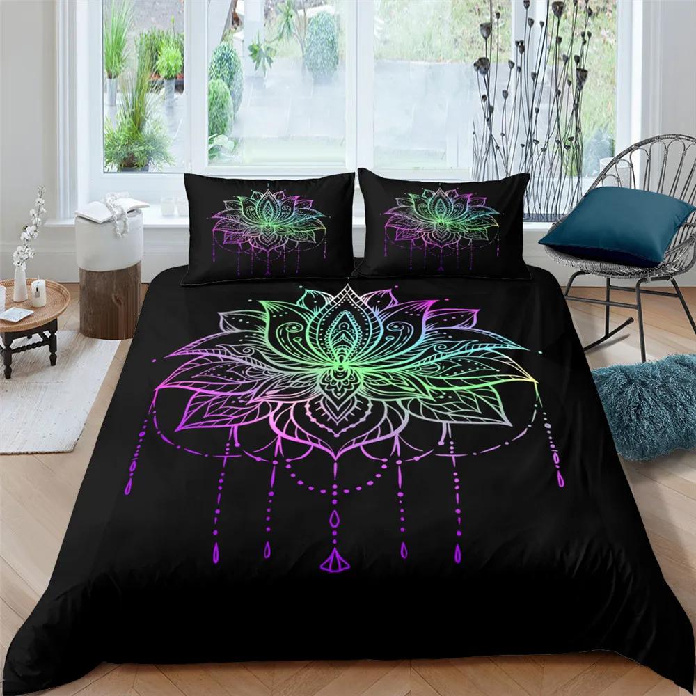 2/3dílná Sada na postel Bohemian Lotus Sada povlaku na přikrývku Mandala Květinový povlak na přikrývku Pro dospělé Černá Polyesterová sada ložního prádla Queen King Twin Pro teenagery