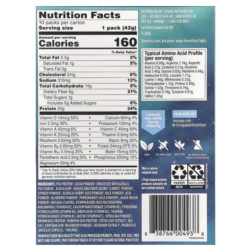 Plant-Based Organic All-In-One Shake, Chocolate, 10 Packs, 1.5 Oz (42 G) Each