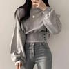 Korea Chic Autumn Niche Design Sense Round Neck Buckle Waist Slimming Long Sleeve Short Pullover Hoodie Top Female