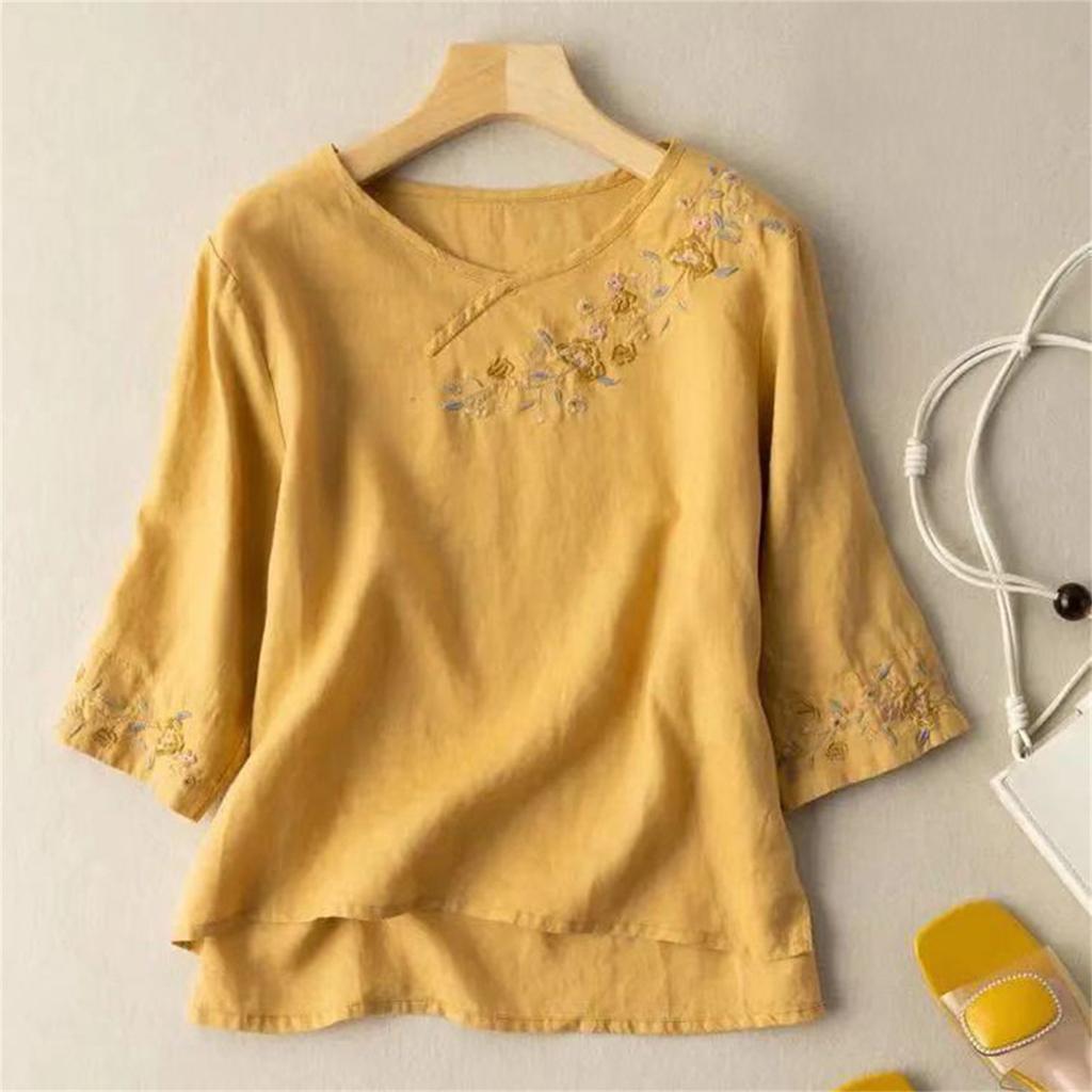 Damen Baumwolle Leinen Farbe 3/4 Ärmel Hemd Rundhals Locker Bluse Pullover Top