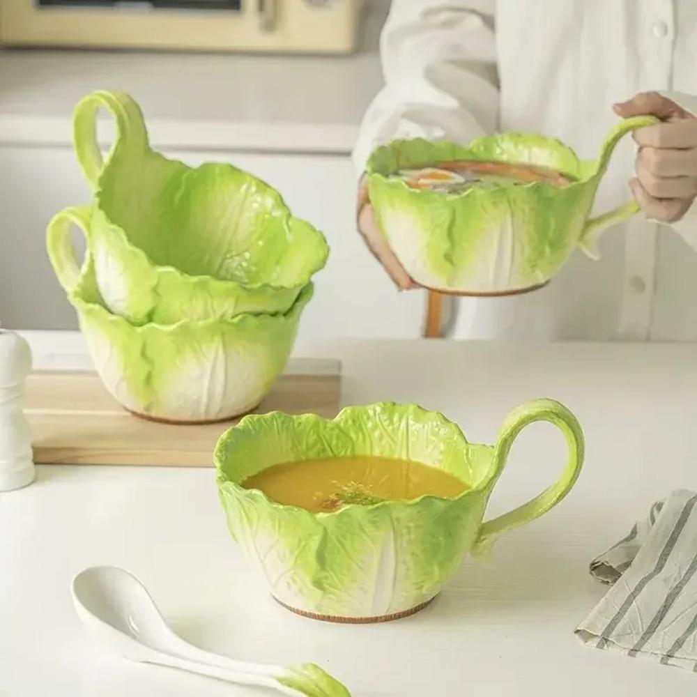 Creative Jade Cabbage Shaped Bowl With Handle Household Dining Ceramic High-capacity Soup Bowls Dormitory Microwavable Tableware