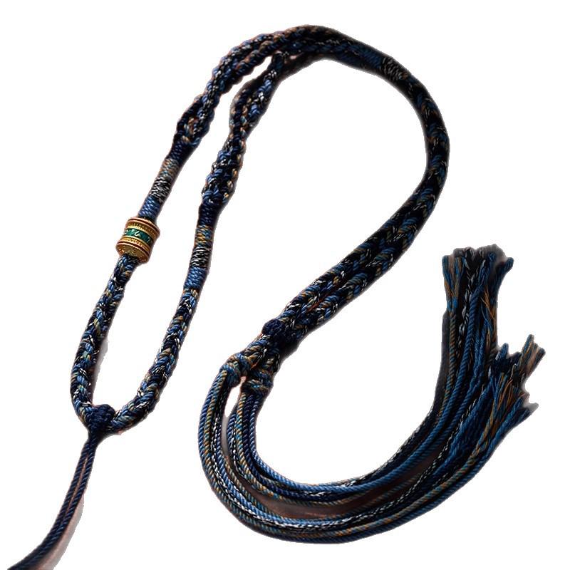 Tibetan Eight Treasures Compass Necklace with Braided Rope and Mantra Thangka Pendant