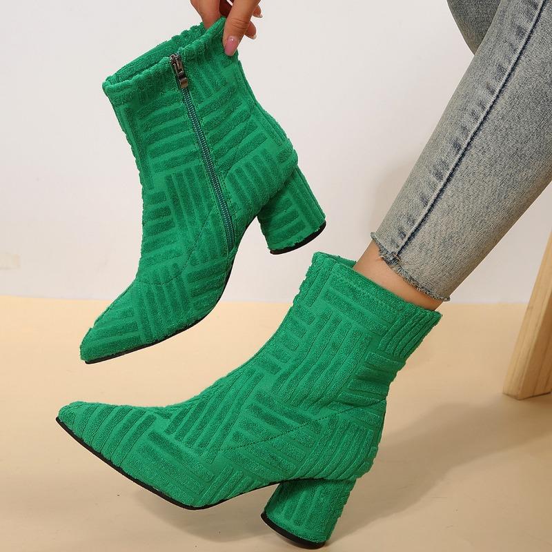 Large size thick heel high heel boots new solid color side zipper pointed short fashion boots