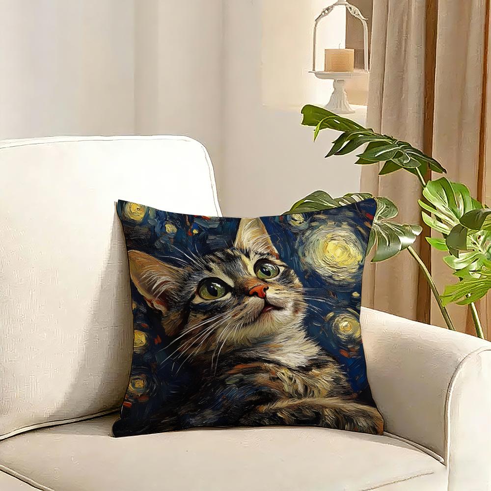 Cute oil painting colorful cat Cushion Cover Reversible Plush Pillow Cover Soft Fluffy Home Decor for Sofa Bedroom