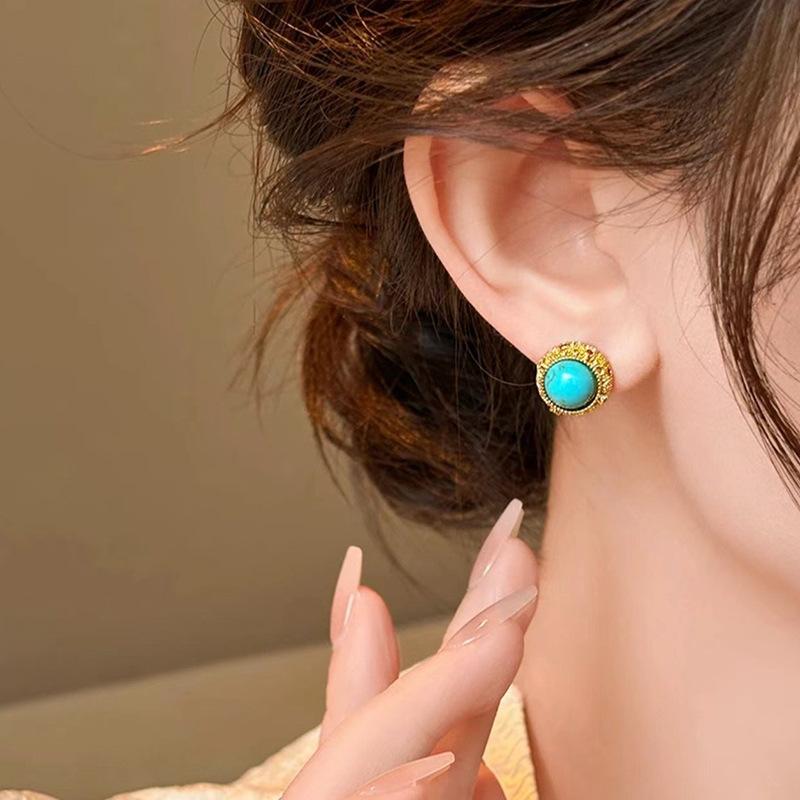 Real Gold Electroplated Silver Needle Zircon Round Artificial Turquoise Stud Earrings Retro Ethnic Style Earrings Simple Design Earrings