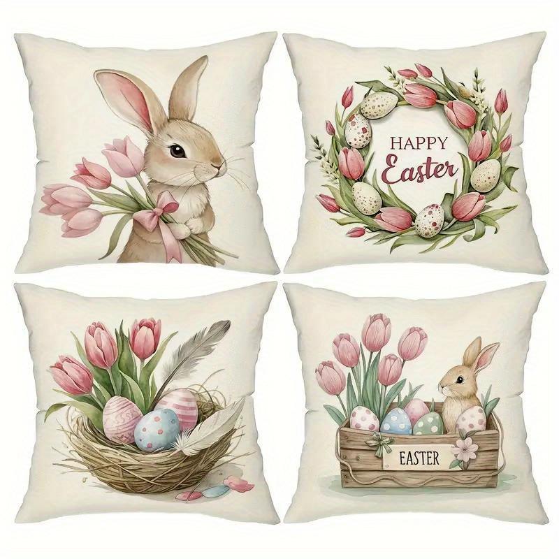 

4 Pack Spring Bunny Cushion Covers 45x45cm Watercolor Tulips Eggs & Nest Design for Living Room Nursery Decor Zipper 35x35cm 4pcs