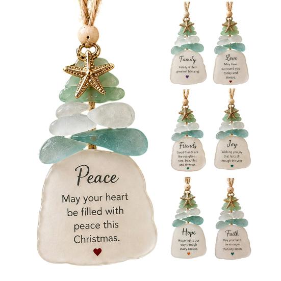 Christmas Tree Decor Sea Glass Ornament, Seaglass Art Hanging with Starfish Charm, Acrylic Ornaments Peace Love Joy Faith Family Friends Hope Pendant