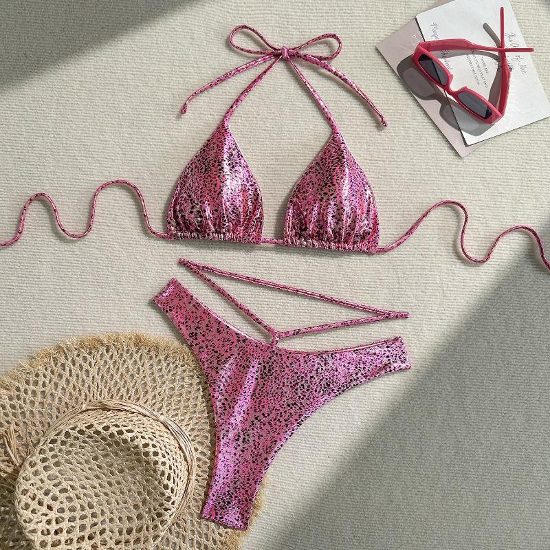 Sexy Shiny Leopard Print Drawstring Split Two Piece Bikini Swimsuit For Women