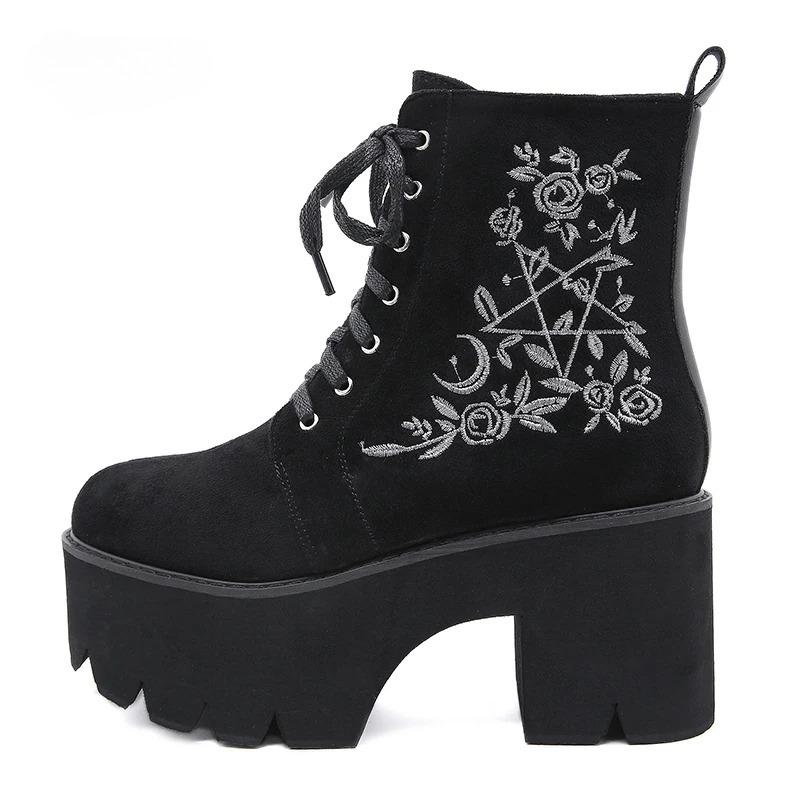 Mode Blomma Platåstövlar Chunky Punk Mocka Läder Dam Gotiska Skor Nattklubb Snörning Bakre Dragkedja