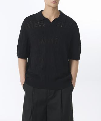 Multi-Crochet Slit Neck Knitted Polo Shirt [Black]