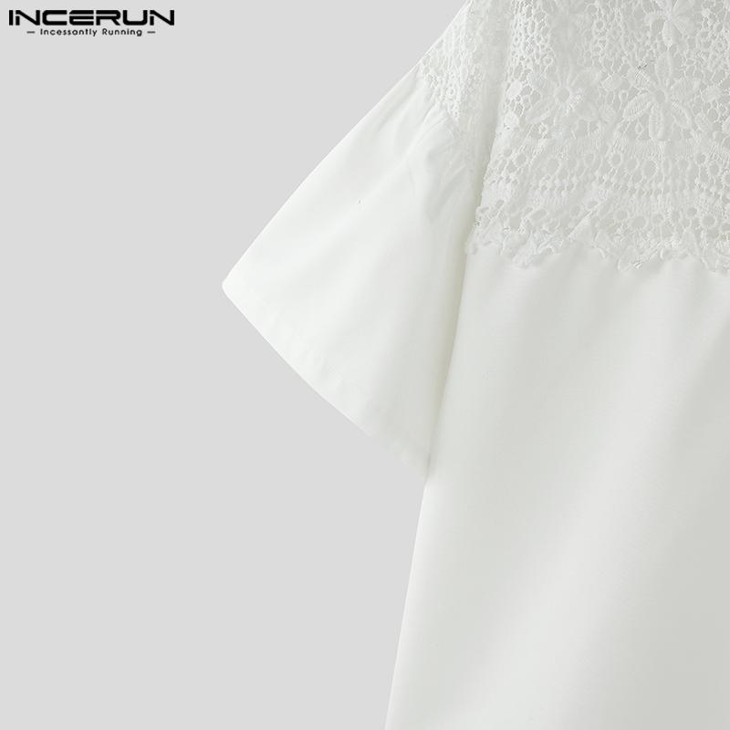 INCERUN Men Summer Stand Neck Short Sleeve Lace Patchwork Casual Party T-shirt Tops