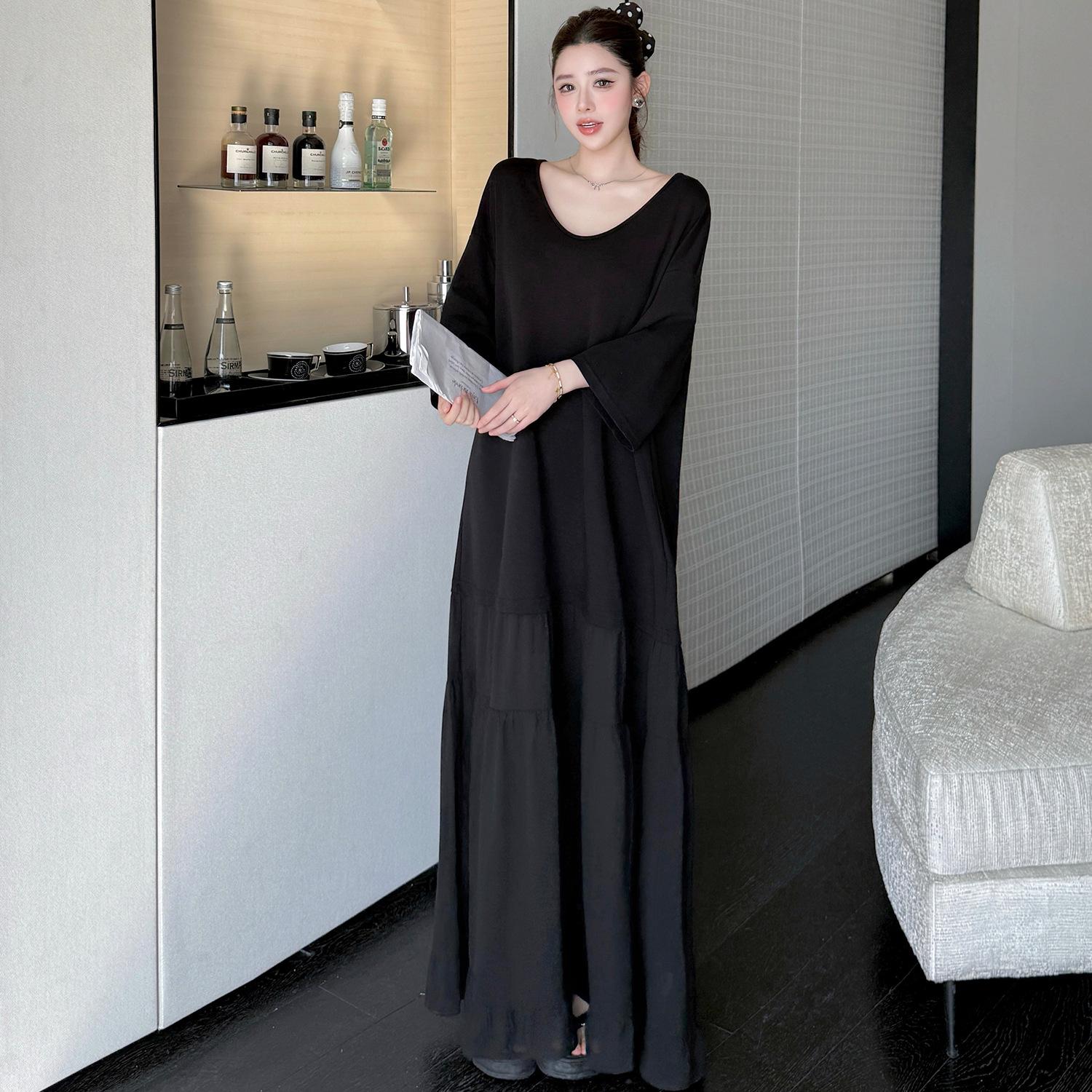 Summer 2026 Patchwork V-Neck Long Dress: Loose, Short Sleeve, Versatile & Elegant L чёрный