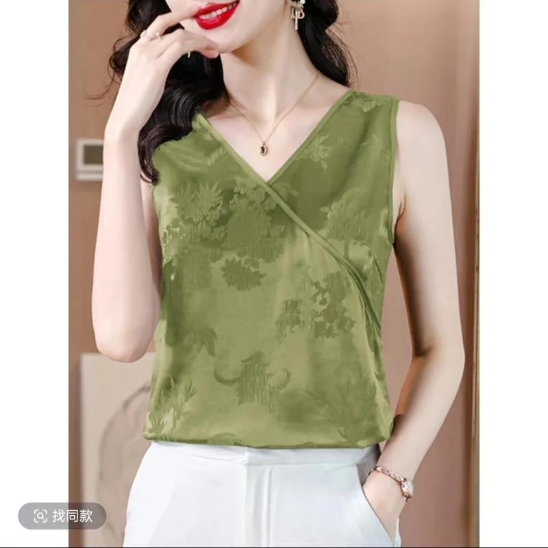 Damen ärmelloses Tanktop im chinesischen Stil Jacquard Acetat Satin V-Ausschnitt Kreuzdesign Lockerer Schnitt Vielseitig zum Schichten oder solo Tragen