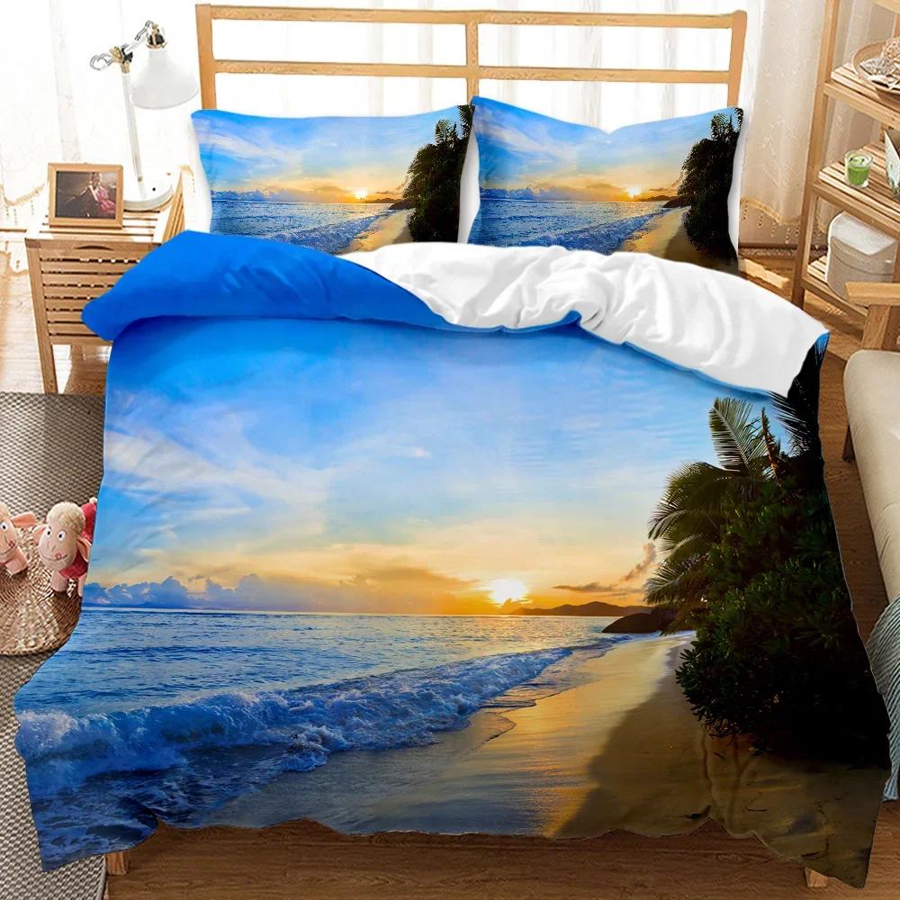 Beach Themed Blue Ocean Comfortable Duvet Quilt Cover Pillowcase Bedding Set Children Bedroom Decoration Home Textile