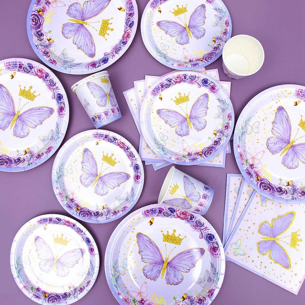Butterfly Disposable Tableware Plate Cup Napkin Sets Baby Shower One Year Old 1st 2nd Birthday Girl Party Decoration Butterfly