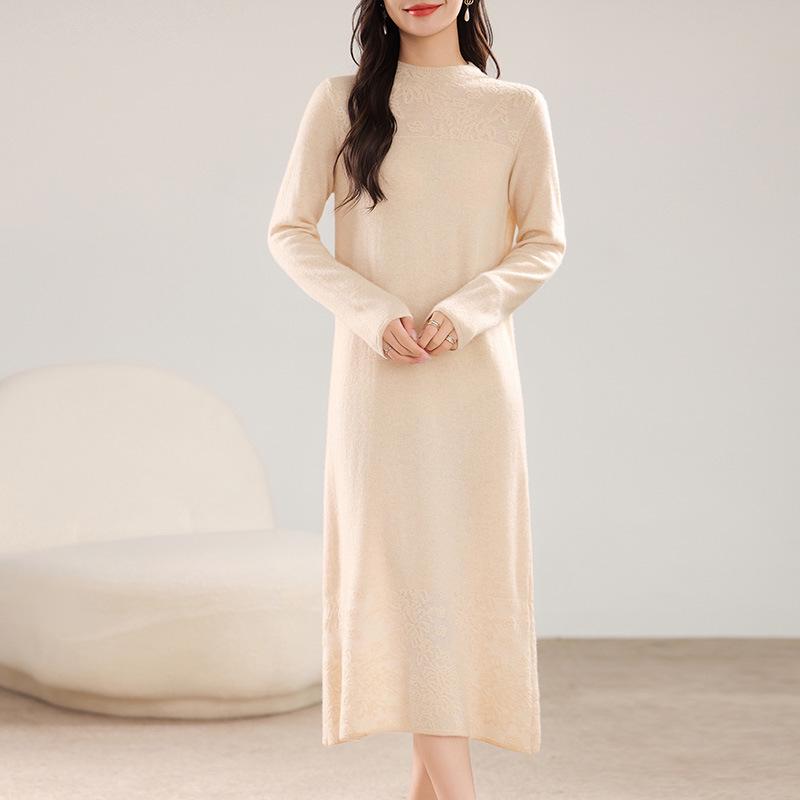 

Women s Pure Color Long Wool Knit Dress with Hollow Details S
