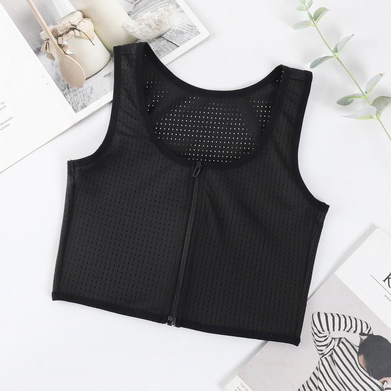 Front Zipper Compression Sports Bra Flat Chest Look Breathable Mesh Lightweight Support Daily Wear Exercise